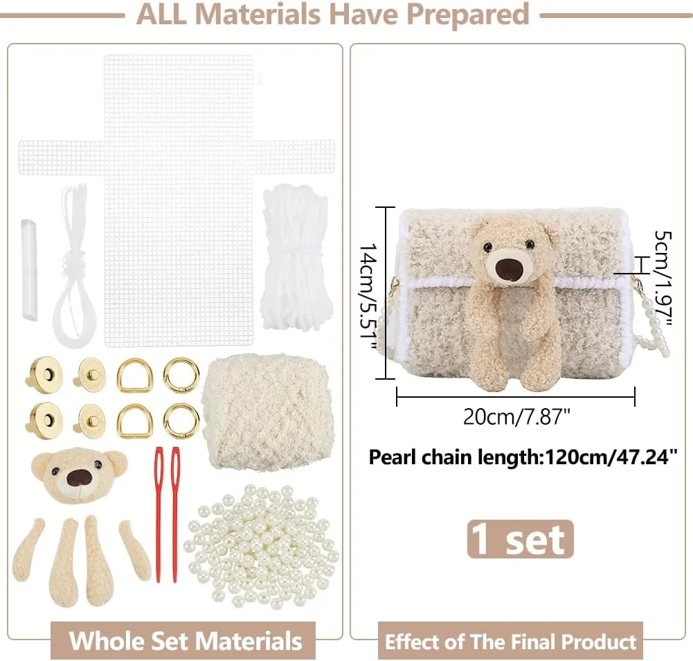 WADORN DIY Knitting Crochet Bag Kit, Women Handmade Woolen Yarn Bag Making Material Blank Mesh Plastic Handbag Crafting Set for DIY Handmade Crossbody Crochet Bag Accessories, 7.8x1.9x5.5 Inch, Beige
