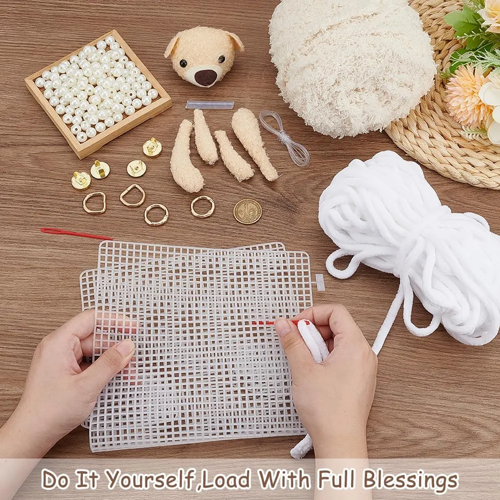 WADORN DIY Knitting Crochet Bag Kit, Women Handmade Woolen Yarn Bag Making Material Blank Mesh Plastic Handbag Crafting Set for DIY Handmade Crossbody Crochet Bag Accessories, 7.8x1.9x5.5 Inch, Beige