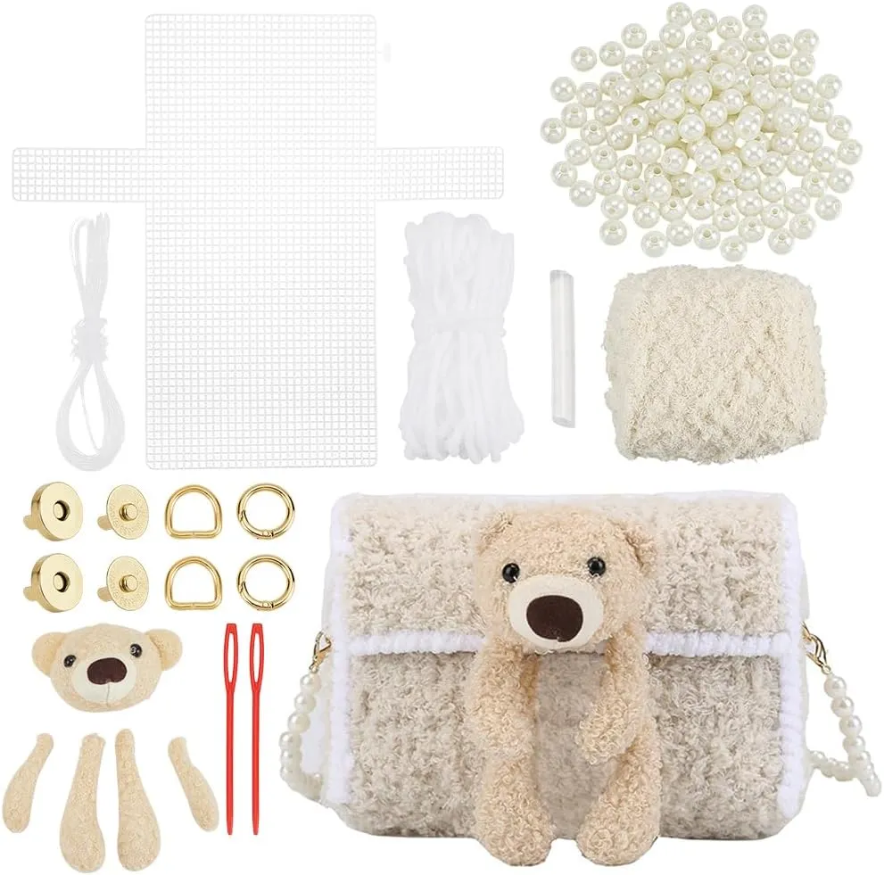 WADORN DIY Knitting Crochet Bag Kit, Women Handmade Woolen Yarn Bag Making Material Blank Mesh Plastic Handbag Crafting Set for DIY Handmade Crossbody Crochet Bag Accessories, 7.8x1.9x5.5 Inch, Beige
