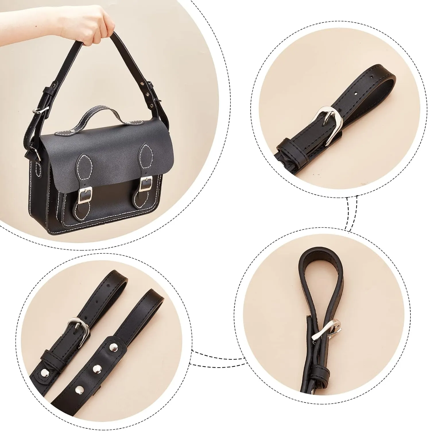 WADORN Leather Purse Strap Replacement, 17.9 Inch Adjustable Handbag Handles Strap Cowhide Leather Bag Handles DIY Bag Purse Making Accessories for Satchel Tote Crossbody Bag, Black