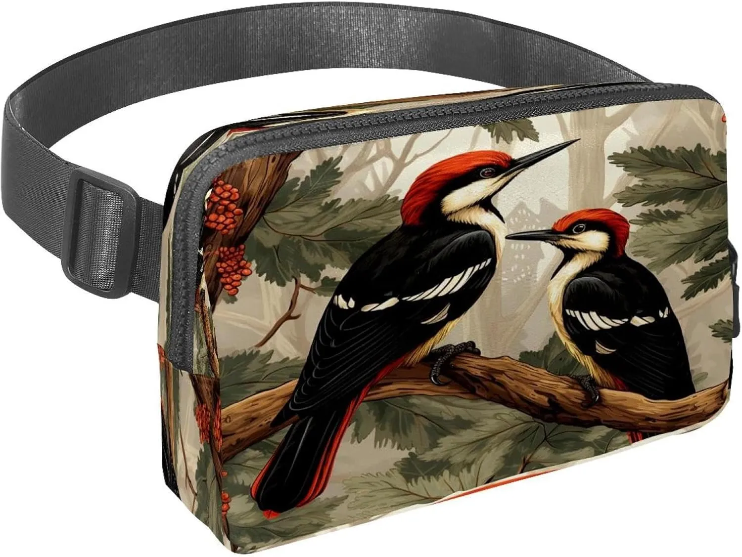 Waist Pack for Women Men, Outdoor Waist Bag Fanny Pack, Slim Running Belt Bum Bag for Walking Jogging Hiking Traveling Workout - Woodpecker Bird on Red Berries Branch