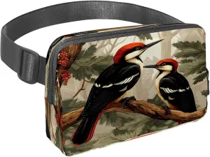 Waist Pack for Women Men, Outdoor Waist Bag Fanny Pack, Slim Running Belt Bum Bag for Walking Jogging Hiking Traveling Workout - Woodpecker Bird on Red Berries Branch