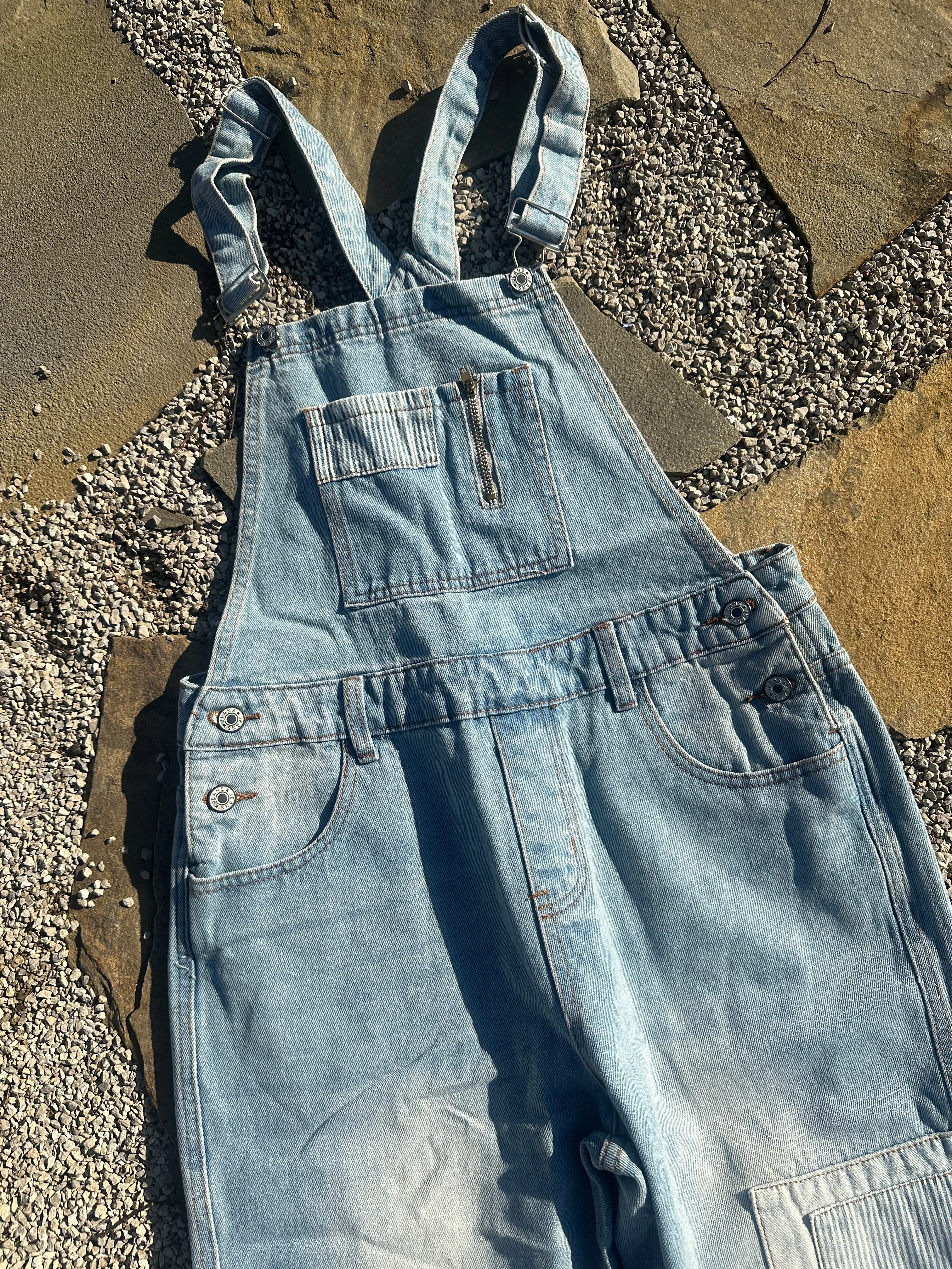 Washed Patchwork Denim Overalls
