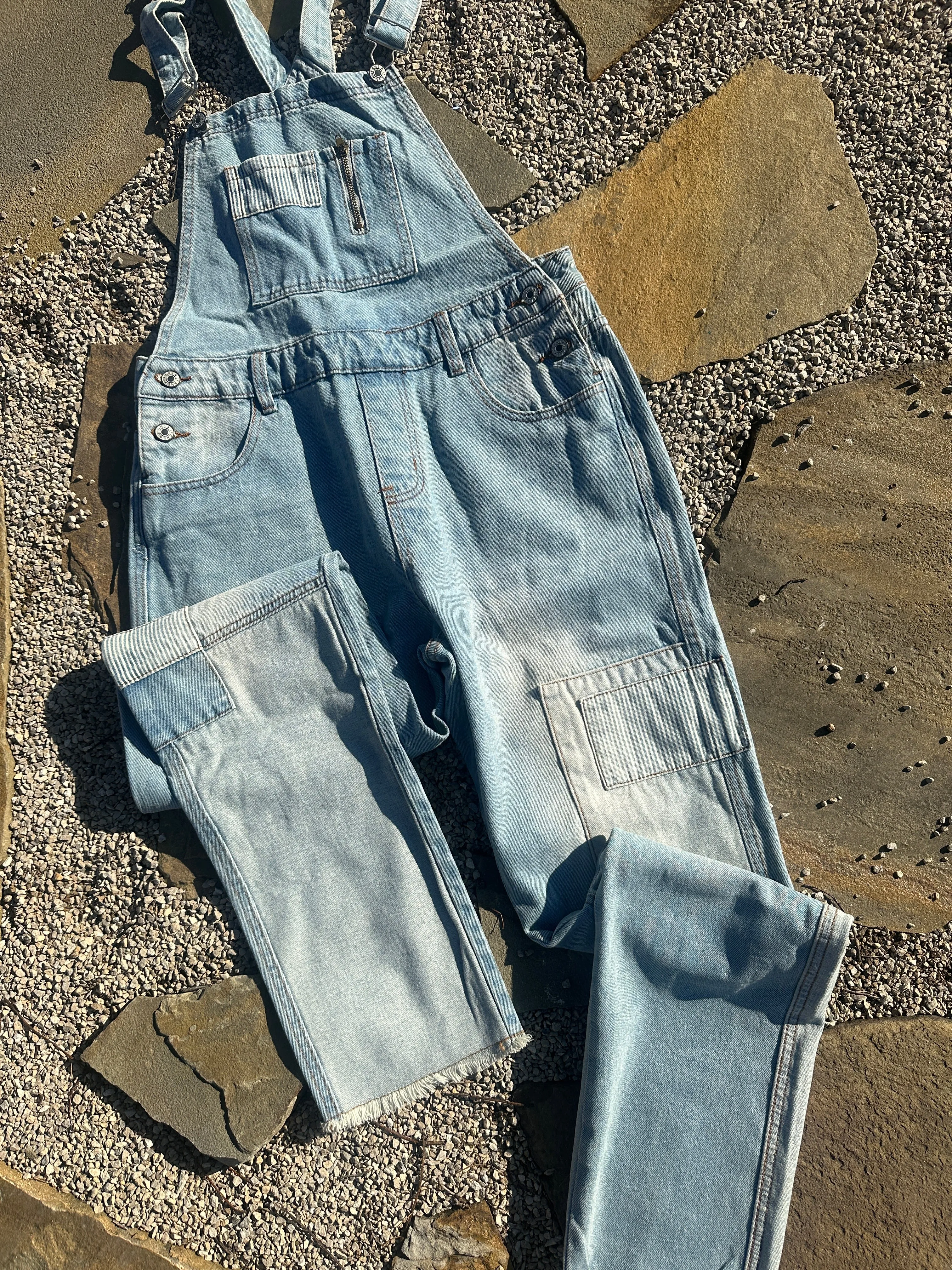 Washed Patchwork Denim Overalls
