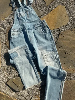 Washed Patchwork Denim Overalls