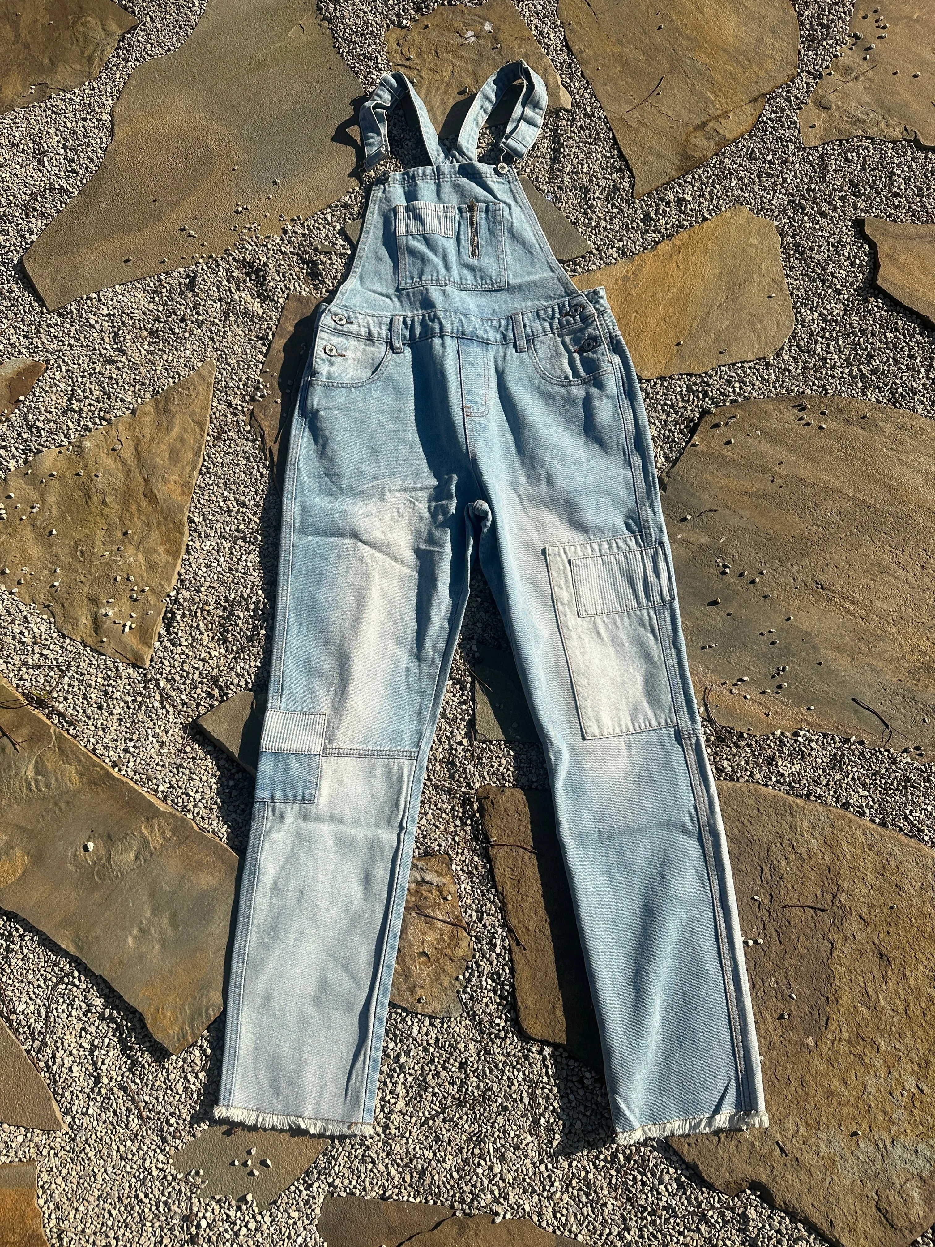 Washed Patchwork Denim Overalls