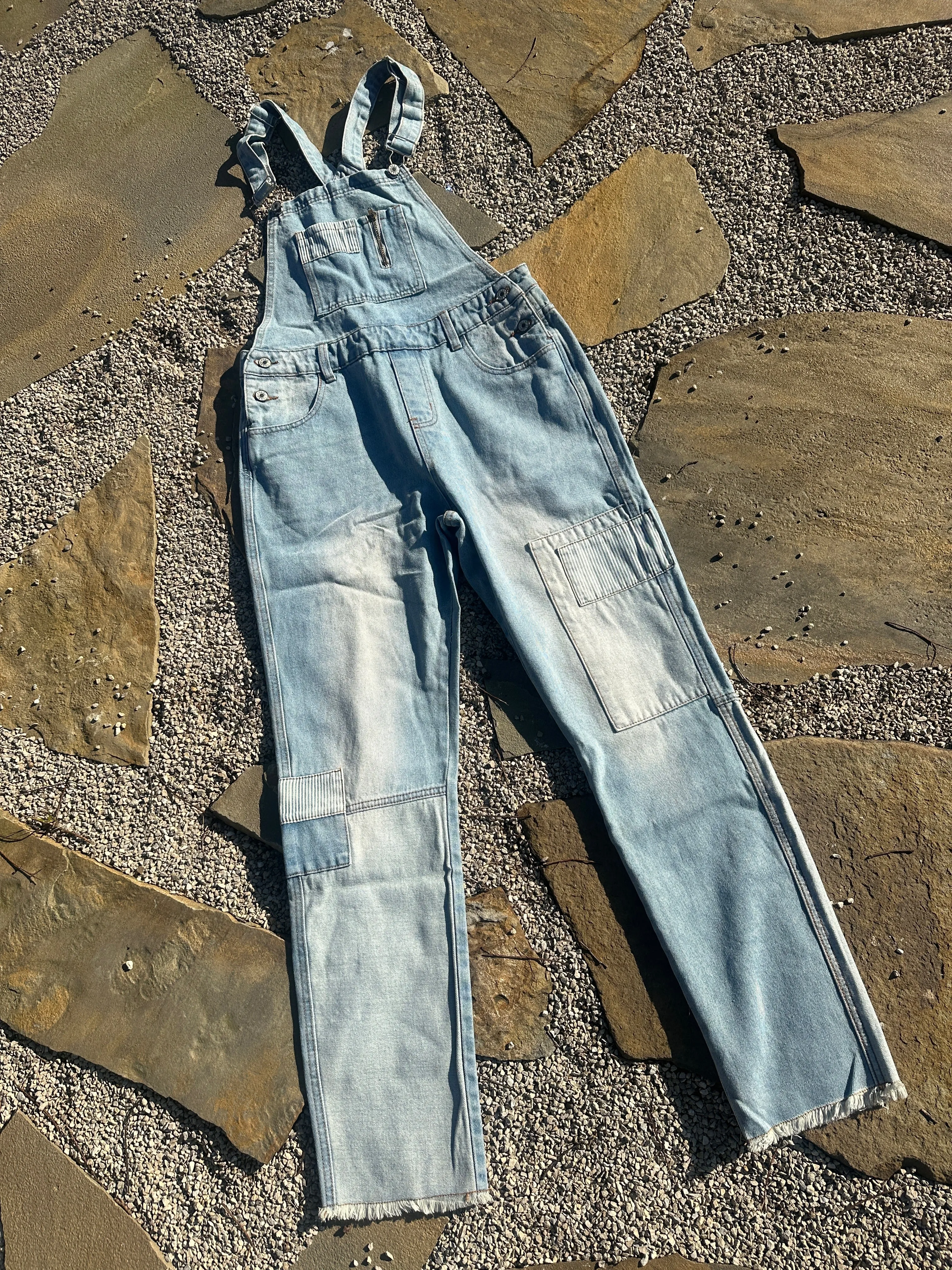 Washed Patchwork Denim Overalls