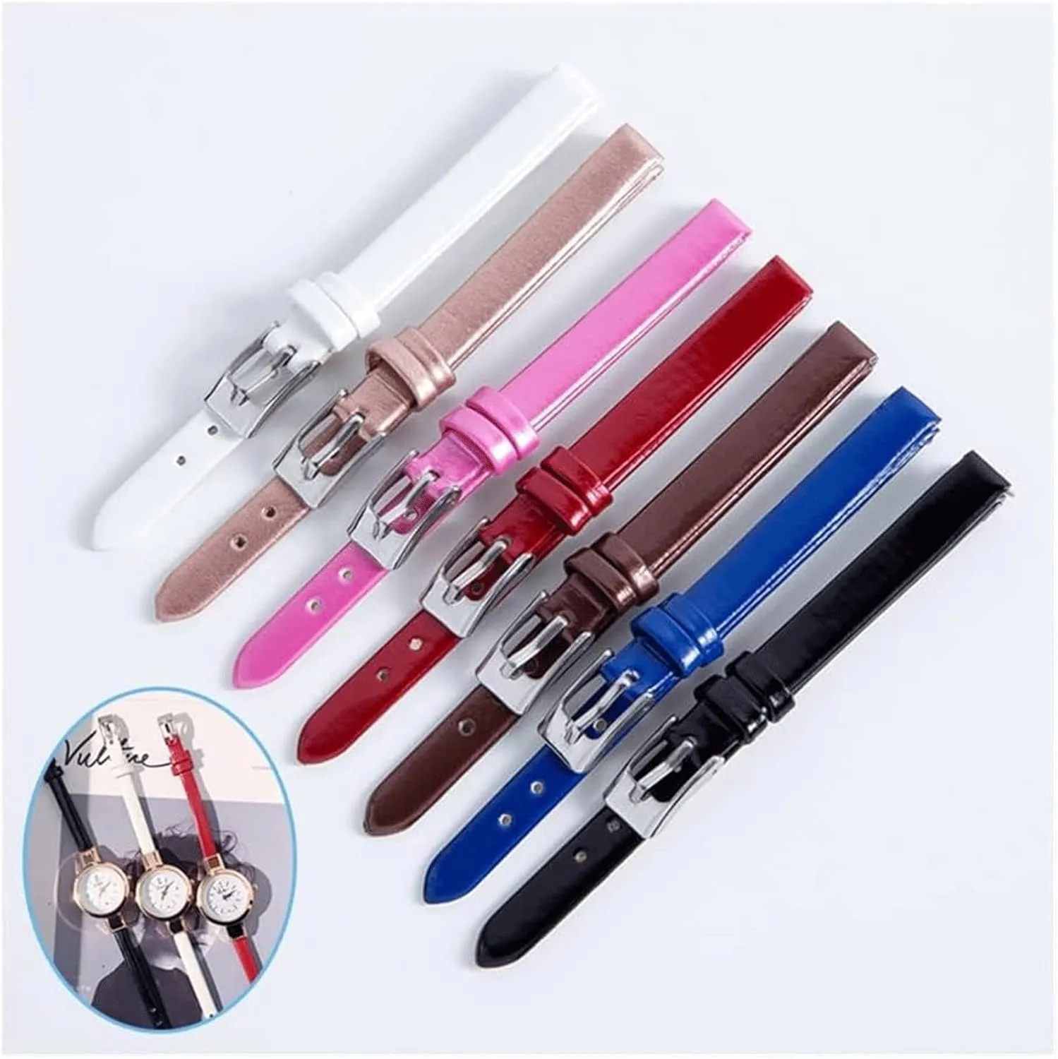 Watch Band Genuine Leather Watch Strap Wristband with Pin Buckle for Women Watch Straps, 8mm, Red