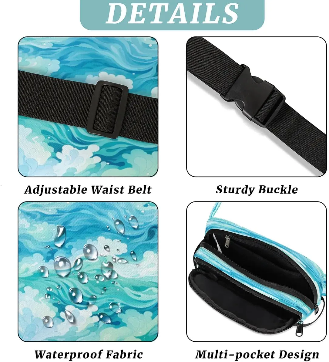 Watercolor Ocean Men's and Women's Waist Pack Crossbody Abstraction Ocean Waist Pack Running Strap, Adjustable Shoulder Strap - For Hiking and Running Exercise Fitness