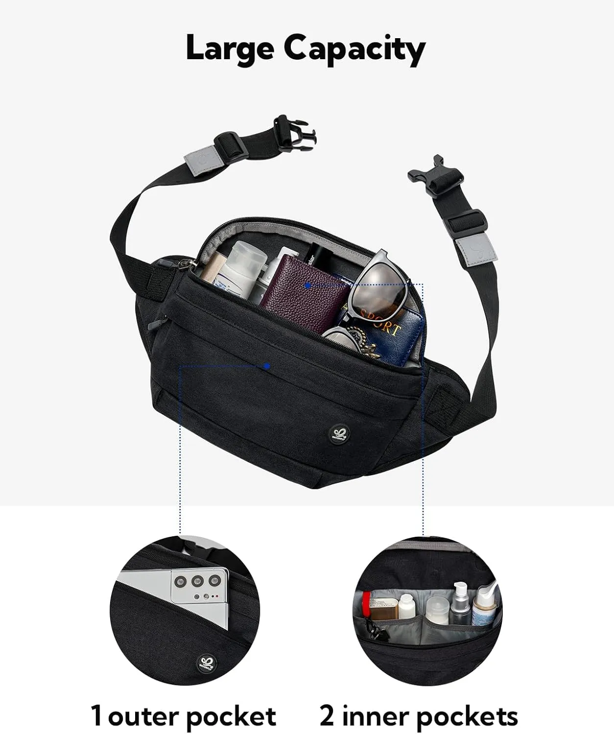 WATERFLY Fanny Pack for Men Women Water Resistant Large Hiking Waist Bag Pack Carrying All Phones for Running Walking Traveling