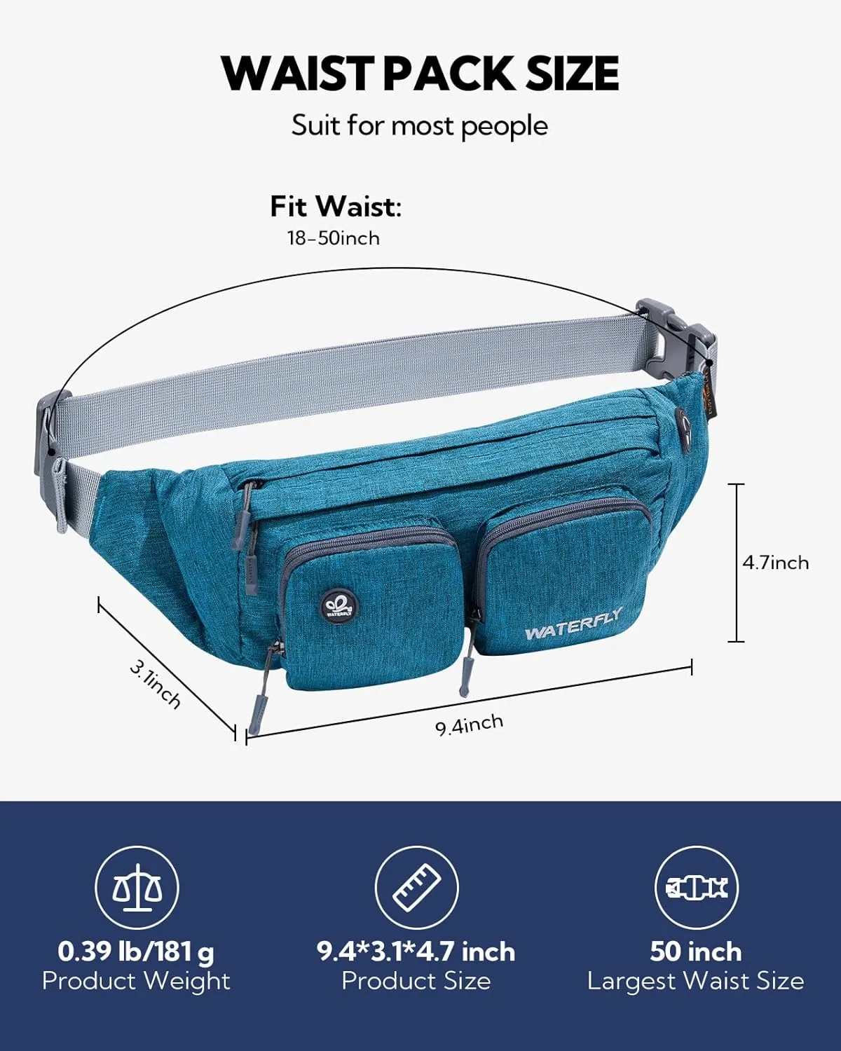 WATERFLY Fanny Pack Waist Bag: Travel Hip Pouch Bum Bag Plus Size Crossbody Fannie Pack Adjustable Belt Waistpack Phanny Fannypack for Man Woman Hiking Walking Jogging