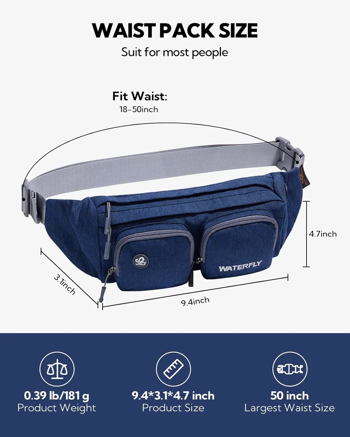 WATERFLY Fanny Pack Waist Bag: Travel Hip Pouch Bum Bag Plus Size Crossbody Fannie Pack Adjustable Belt Waistpack Phanny Fannypack for Man Woman Hiking Walking Jogging