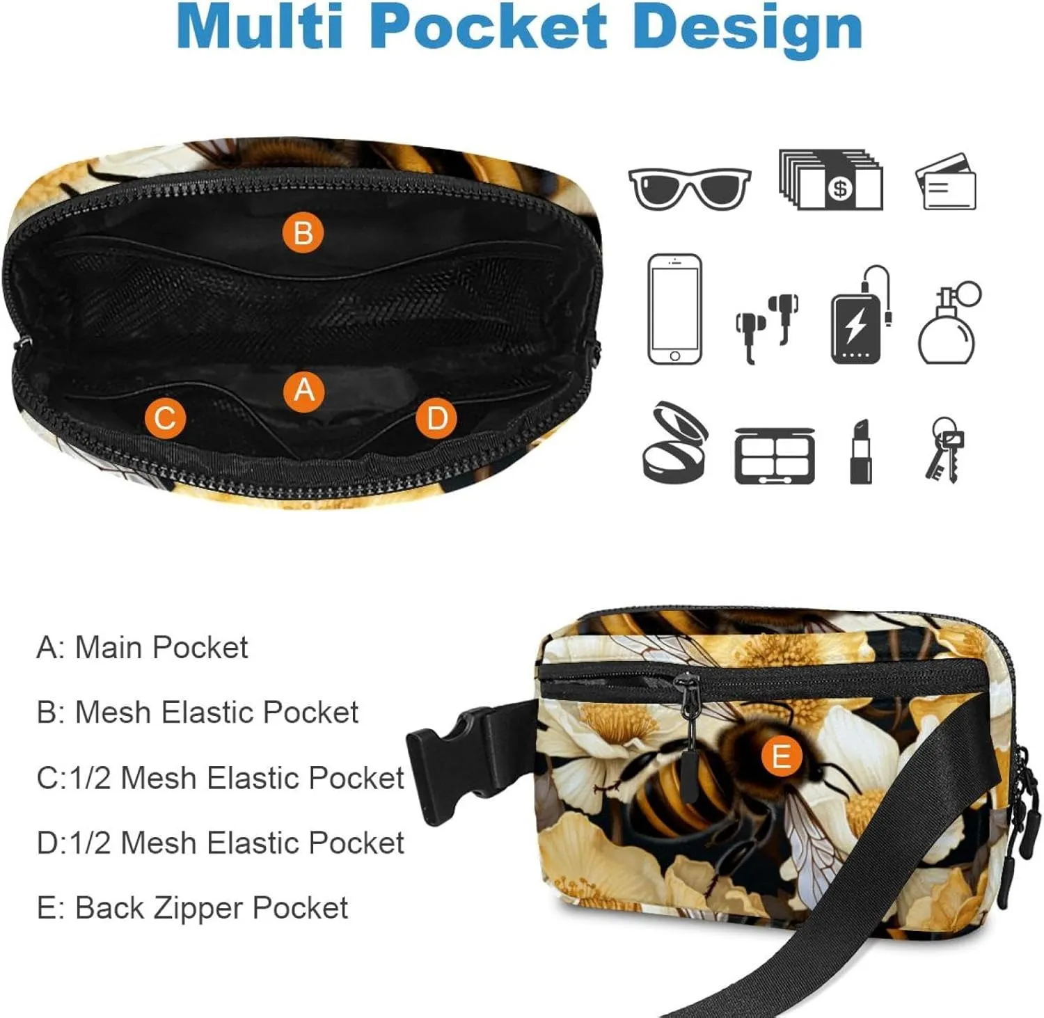 Waterproof Fanny Pack Black Belt Bag with Adjustable Strap for Women and Men,Bees Collect Honey Crossbody Fanny Bag with Zipper for Hiking Running Travel