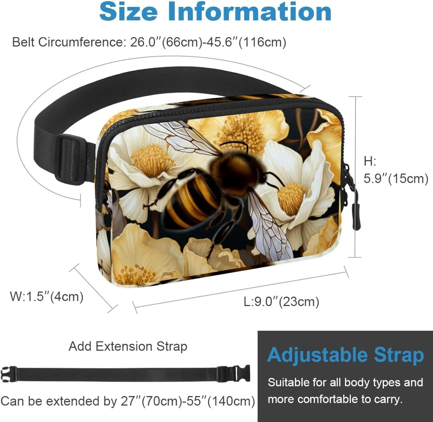 Waterproof Fanny Pack Black Belt Bag with Adjustable Strap for Women and Men,Bees Collect Honey Crossbody Fanny Bag with Zipper for Hiking Running Travel