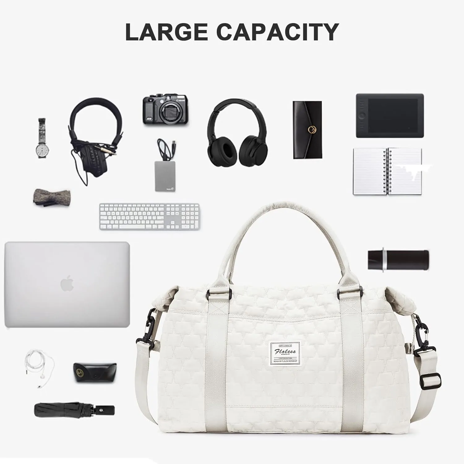 Weekender Duffel Bags for Women Men, Travel Totes Bag for Airplane, Cute Sports Gym Dance Bag Overnight Luggage Bag with Wet Pocket, Carry On Hospital Bag for Labor and Delivery (Large,Off White)