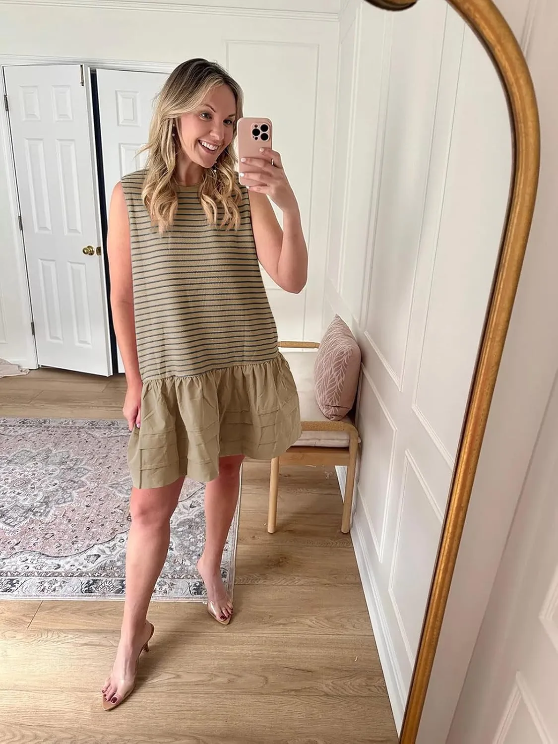 Wenrine Womens Summer Tank Mini Dress Casual Striped Sleeveless Crewneck Constrast Patchwork Loose Dresses