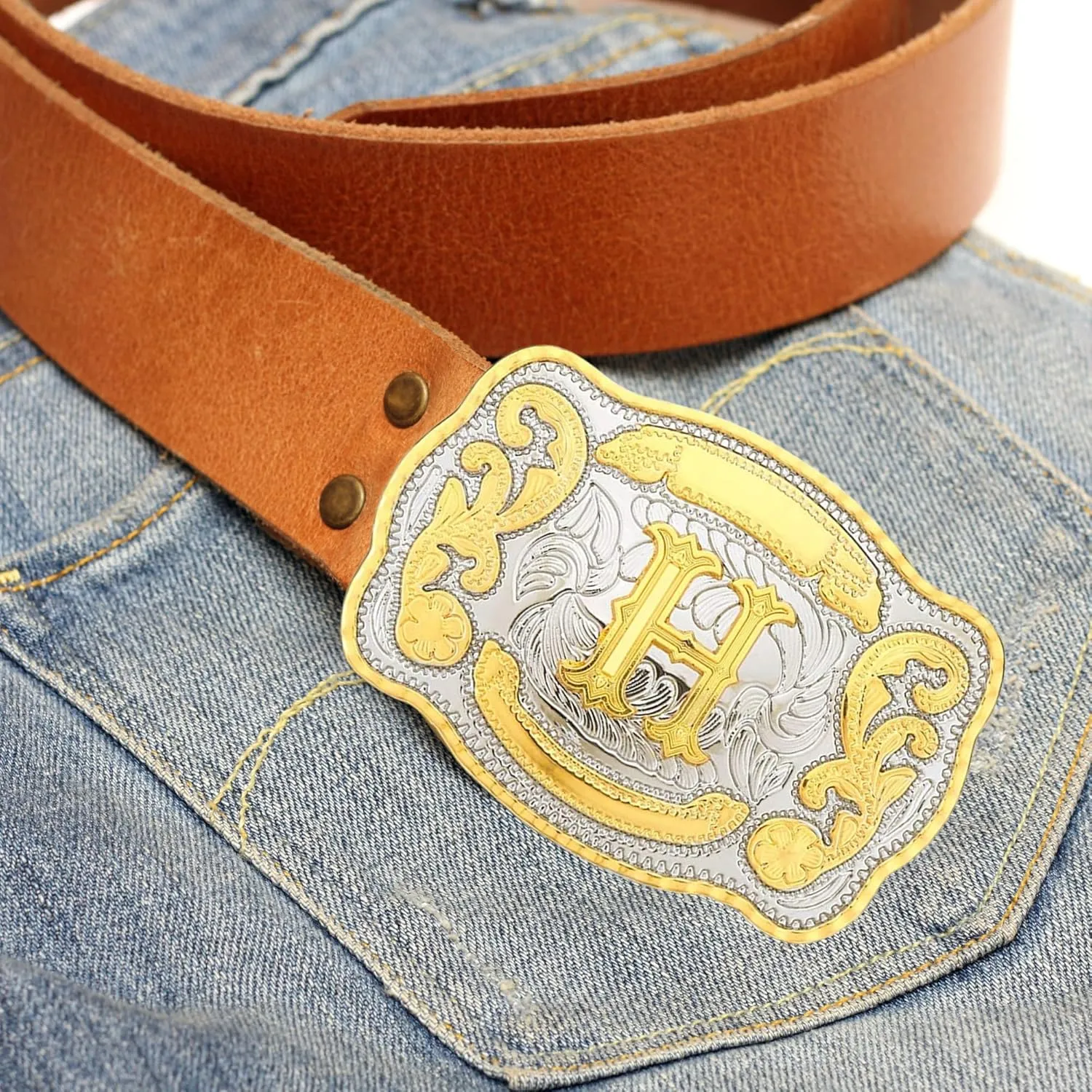 Western Belt Buckle Initial Letters ABCDMRJ to Z Cowboy Belt Buckle, Rodeo Buckles for Men & Women Fits Up to 2 Inch Belts