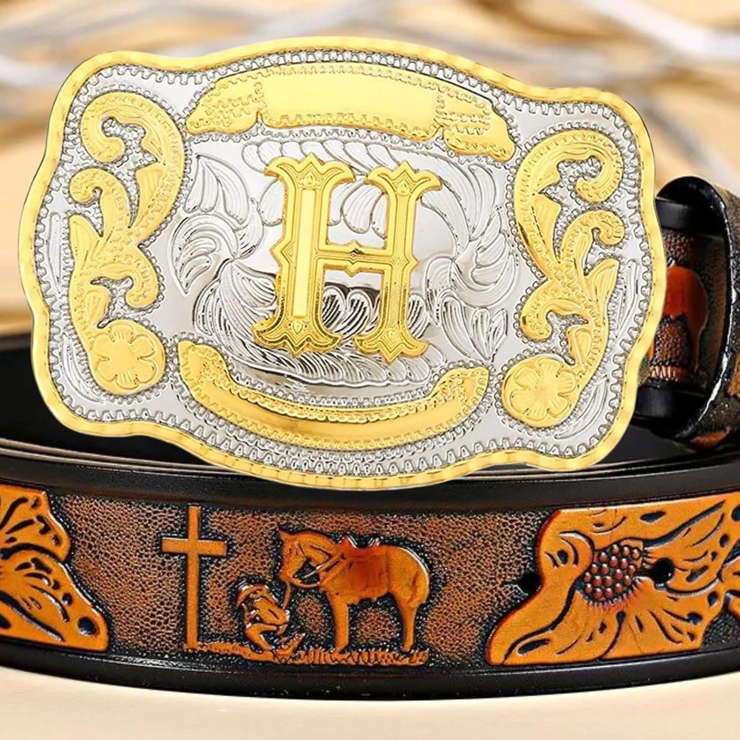 Western Belt Buckle Initial Letters ABCDMRJ to Z Cowboy Belt Buckle, Rodeo Buckles for Men & Women Fits Up to 2 Inch Belts