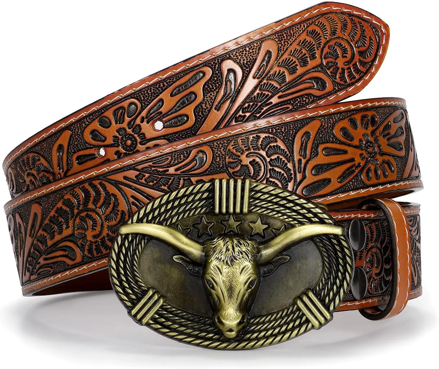 Western Belts for Woman Men, Cowboy Cowgirl Belt Embossed Western Country Bull Buckle Leather Belts for Jeans