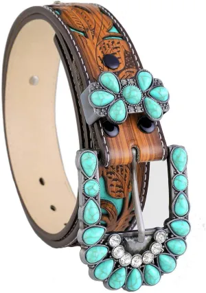 Western Belts for Women Cowgirl Cowboy Turquoise Floral Engraved Country Concert Belt for Jeans Dress Rodeo Outfit
