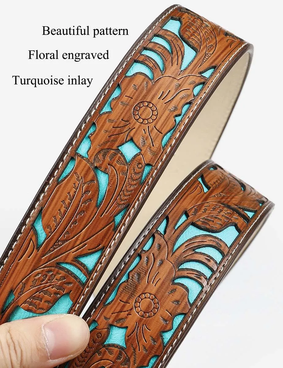 Western Belts for Women Cowgirl Cowboy Turquoise Floral Engraved Country Concert Belt for Jeans Dress Rodeo Outfit