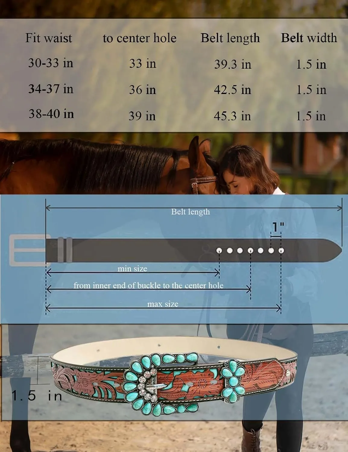 Western Belts for Women Cowgirl Cowboy Turquoise Floral Engraved Country Concert Belt for Jeans Dress Rodeo Outfit