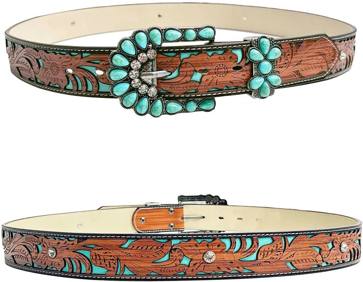 Western Belts for Women Cowgirl Cowboy Turquoise Floral Engraved Country Concert Belt for Jeans Dress Rodeo Outfit