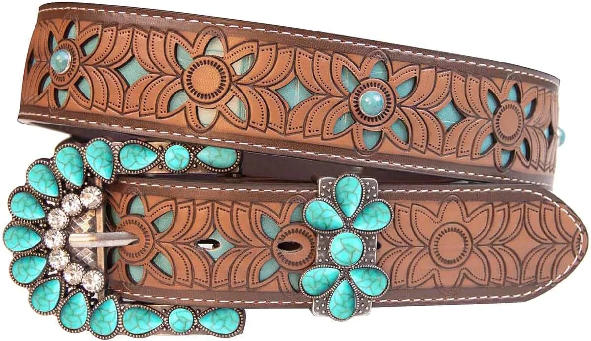 Western Belts for Women Cowgirl Cowboy Turquoise Floral Engraved Country Concert Belt for Jeans Dress Rodeo Outfit