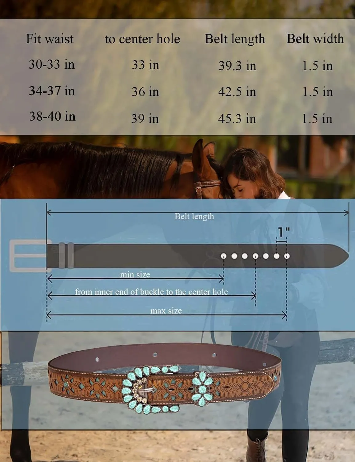 Western Belts for Women Cowgirl Cowboy Turquoise Floral Engraved Country Concert Belt for Jeans Dress Rodeo Outfit