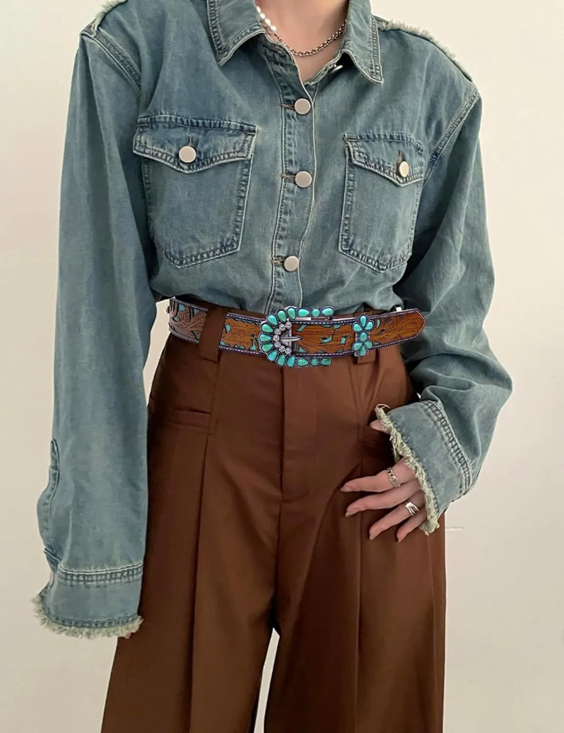 Western Belts for Women Cowgirl Cowboy Turquoise Floral Engraved Country Concert Belt for Jeans Dress Rodeo Outfit