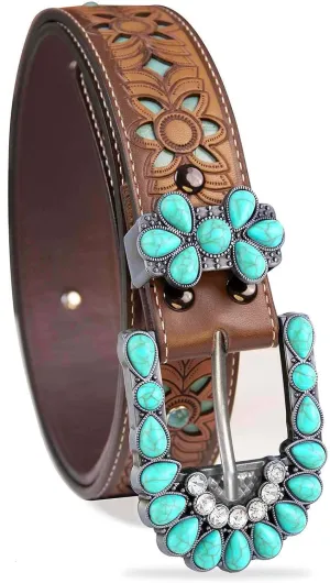 Western Belts for Women Cowgirl Cowboy Turquoise Floral Engraved Country Concert Belt for Jeans Dress Rodeo Outfit