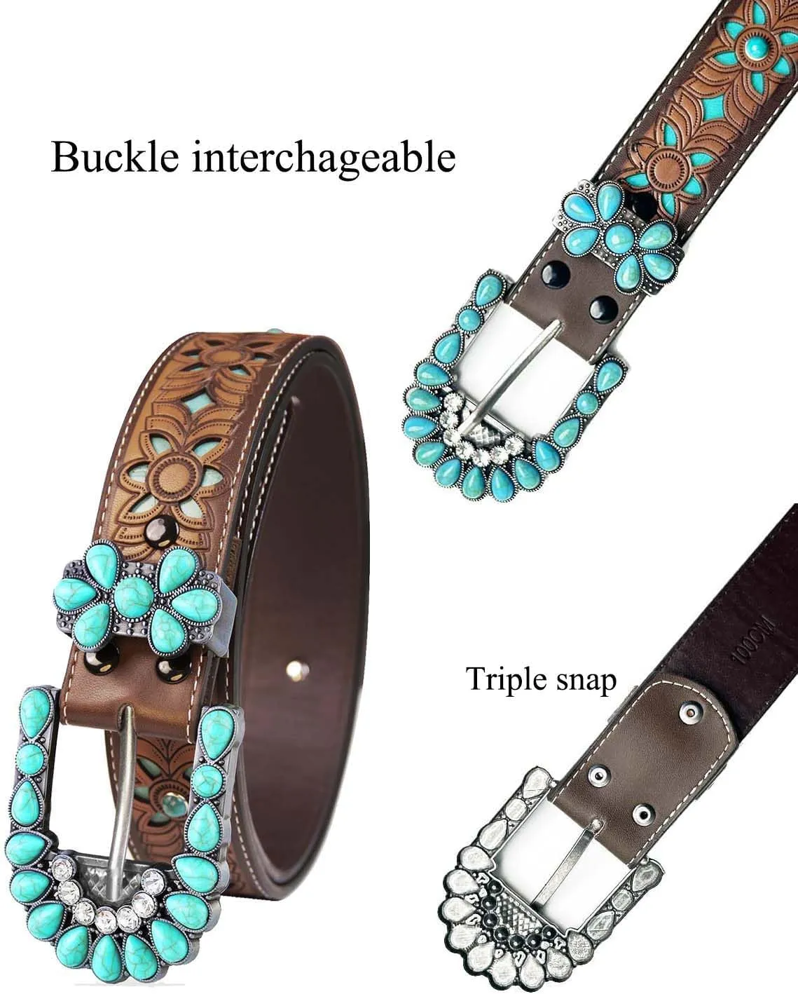 Western Belts for Women Cowgirl Cowboy Turquoise Floral Engraved Country Concert Belt for Jeans Dress Rodeo Outfit