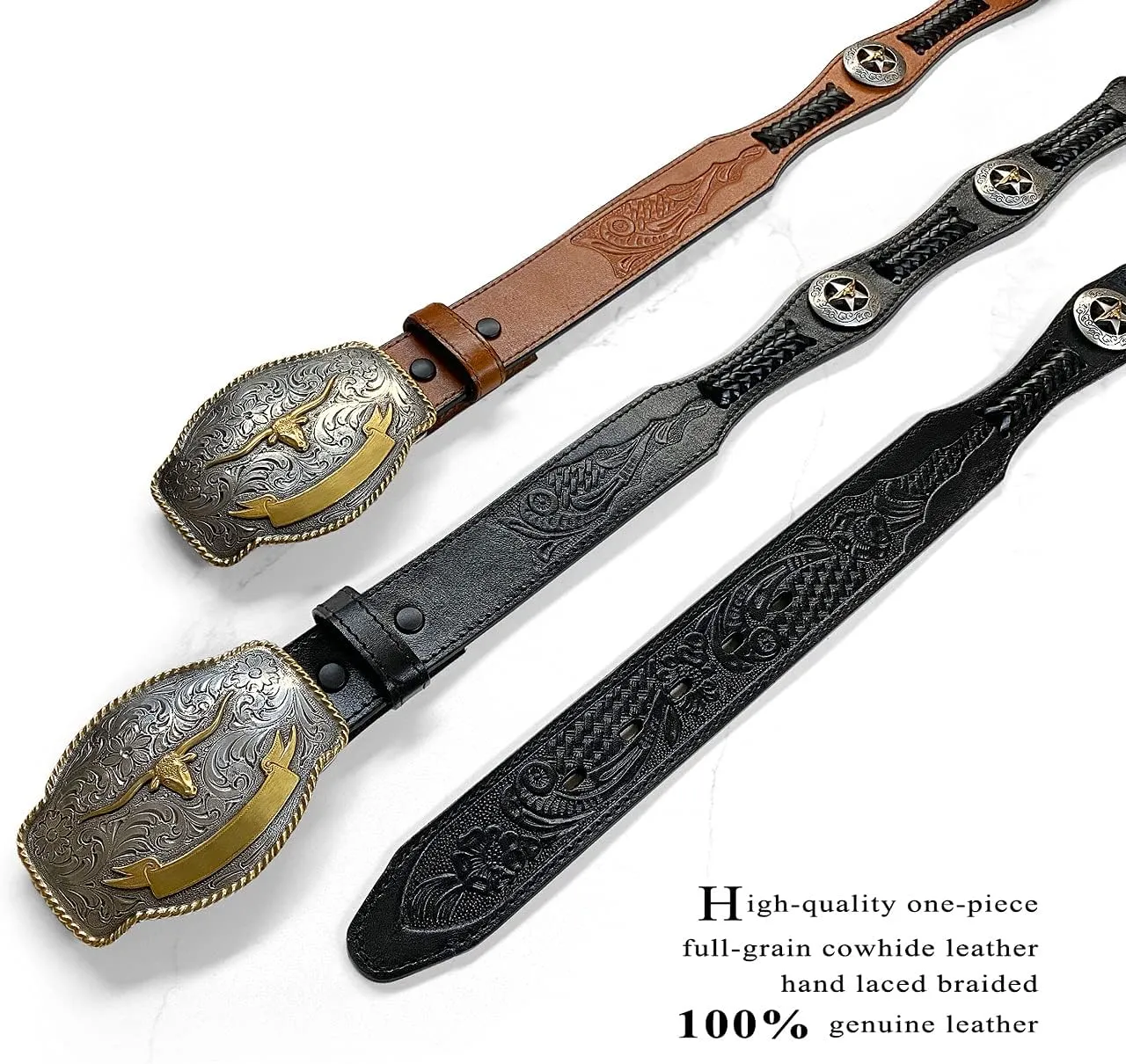Western Floral Engraved Conchos Belt Genuine Full Grain Leather Belt 1-1/2"(38mm) Wide, Assembled in the U.S