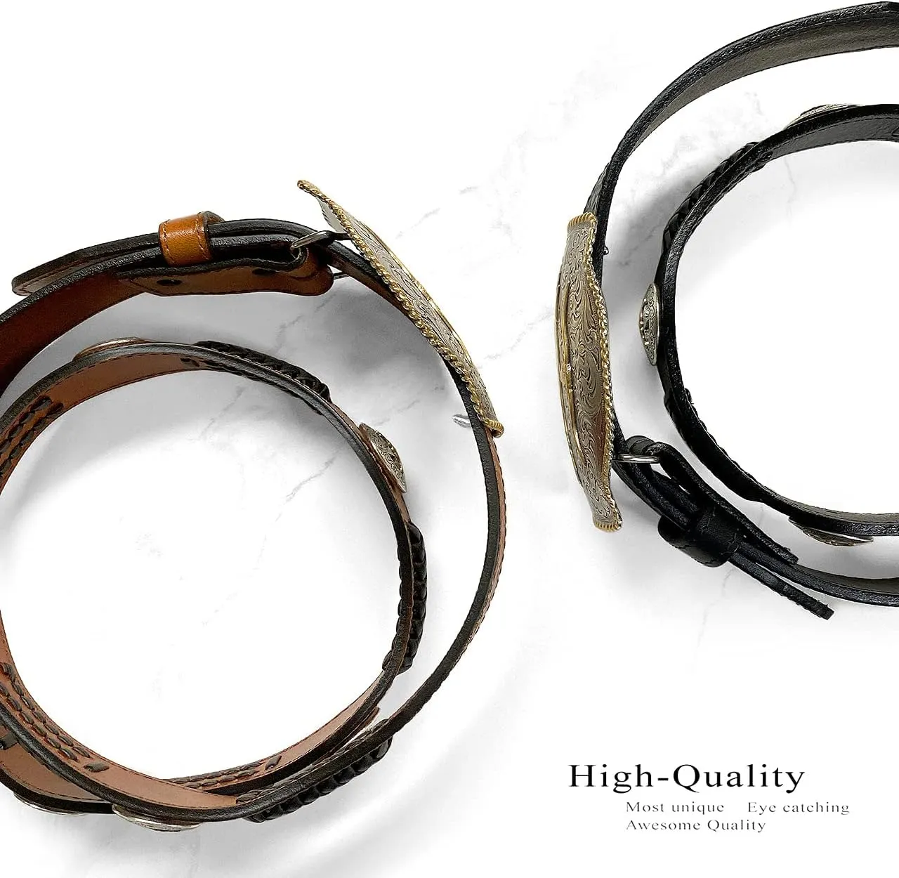 Western Floral Engraved Conchos Belt Genuine Full Grain Leather Belt 1-1/2"(38mm) Wide, Assembled in the U.S