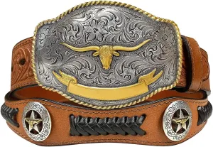 Western Floral Engraved Conchos Belt Genuine Full Grain Leather Belt 1-1/2"(38mm) Wide, Assembled in the U.S