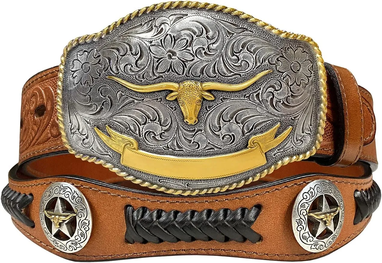 Western Floral Engraved Conchos Belt Genuine Full Grain Leather Belt 1-1/2"(38mm) Wide, Assembled in the U.S