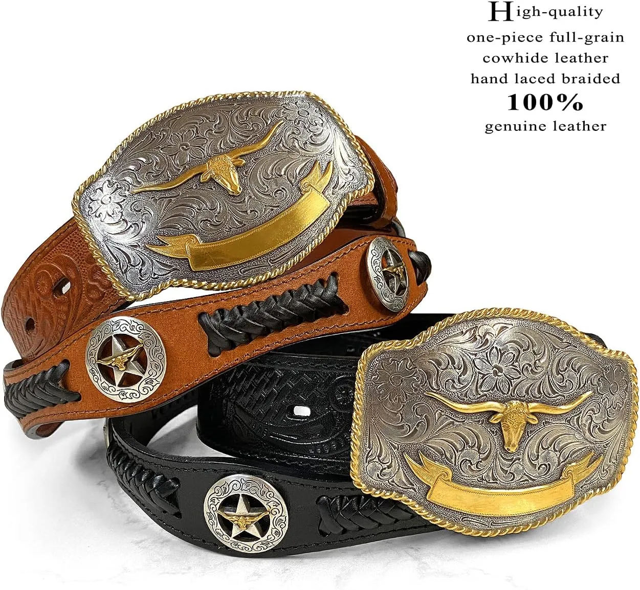 Western Floral Engraved Conchos Belt Genuine Full Grain Leather Belt 1-1/2"(38mm) Wide, Assembled in the U.S