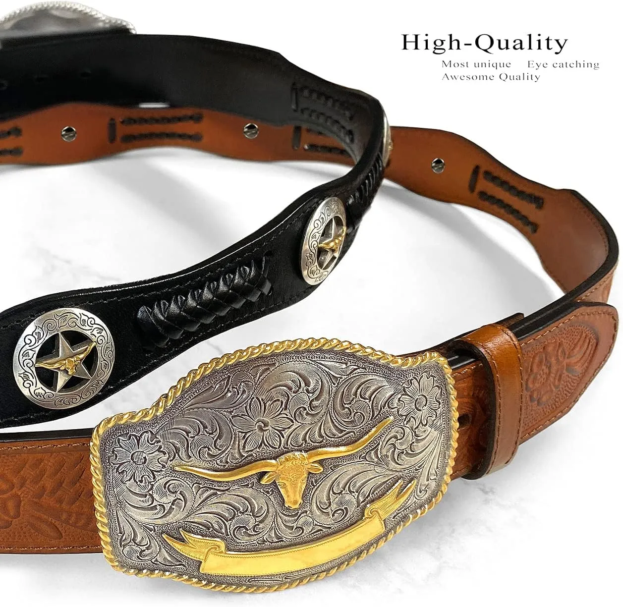 Western Floral Engraved Conchos Belt Genuine Full Grain Leather Belt 1-1/2"(38mm) Wide, Assembled in the U.S