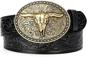 Western Leather Belt for Men Women Cowgirl Cowboy Western Longhorn Bull Buckle Belt for Jeans Christmas Gifts Belts