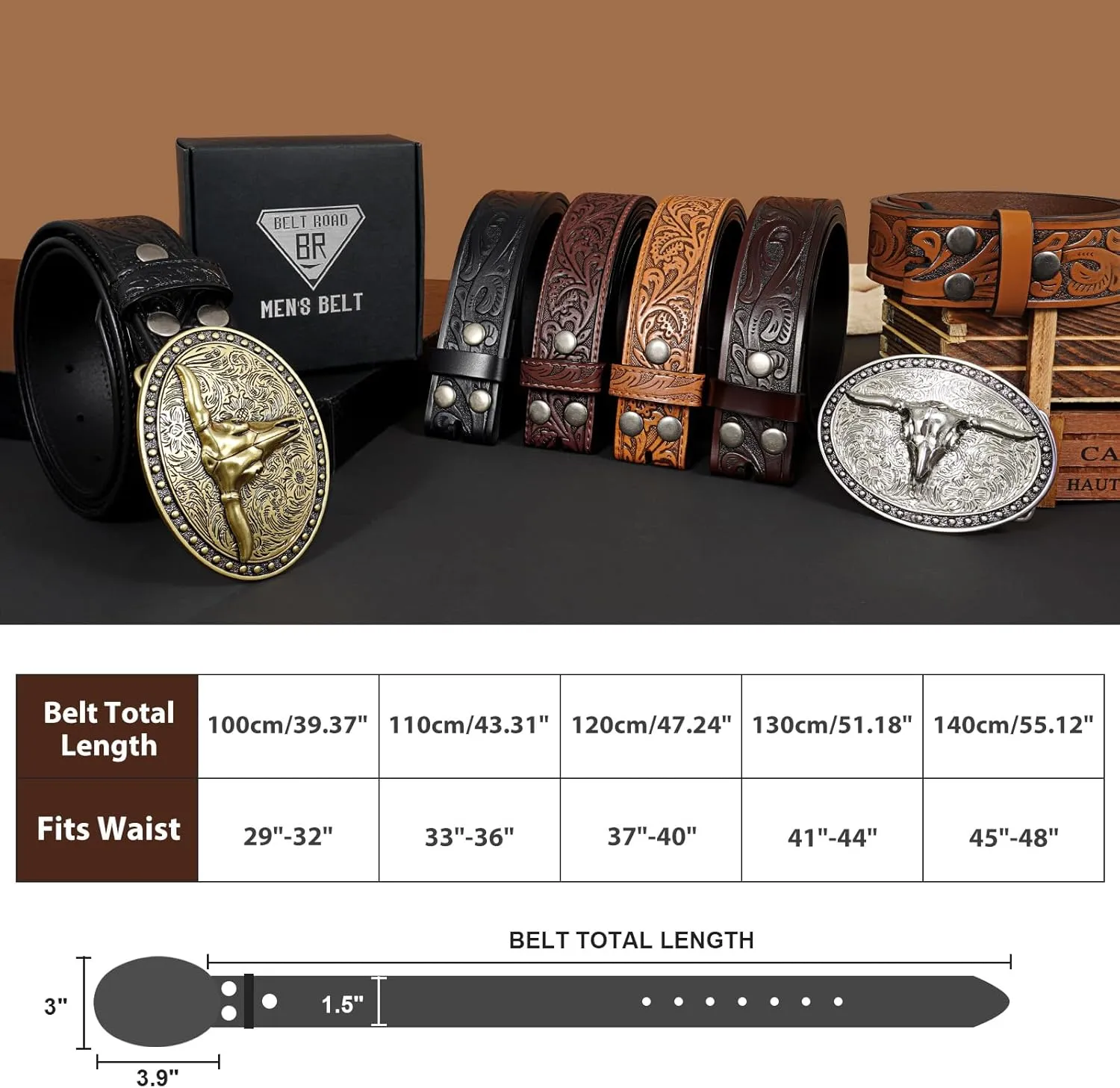 Western Leather Belt for Men Women Cowgirl Cowboy Western Longhorn Bull Buckle Belt for Jeans Christmas Gifts Belts