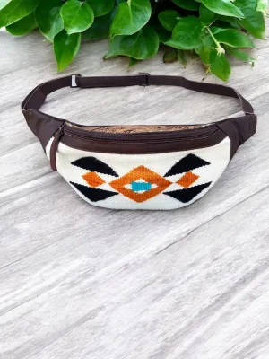 White Aztec Saddle & Tooled Leather Fanny Pack