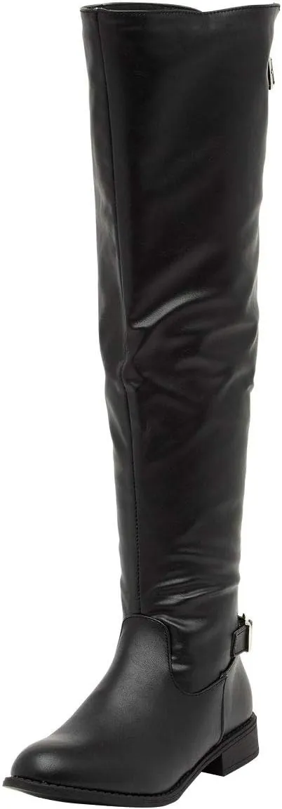 Wild Diva Womens Round Toe Elastic Back Panel Buckle Strap Over The Knee High OTK Riding Boots