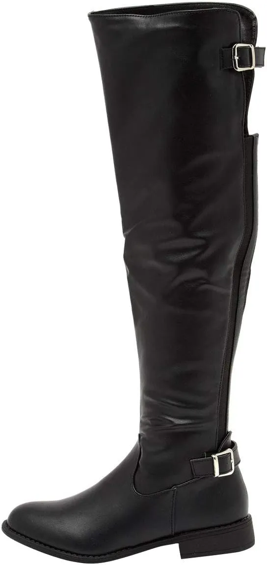 Wild Diva Womens Round Toe Elastic Back Panel Buckle Strap Over The Knee High OTK Riding Boots