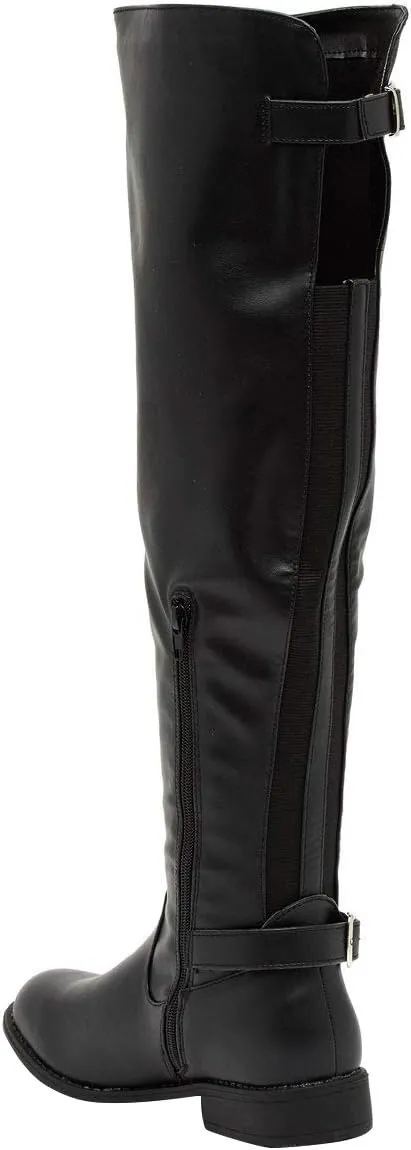 Wild Diva Womens Round Toe Elastic Back Panel Buckle Strap Over The Knee High OTK Riding Boots