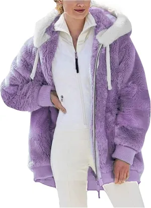 Winter Coats for Women Fuzzy Fleece Jacket Zipper Hooded Color Block Patchwork Cardigan Sherpa Outerwear with Pocket