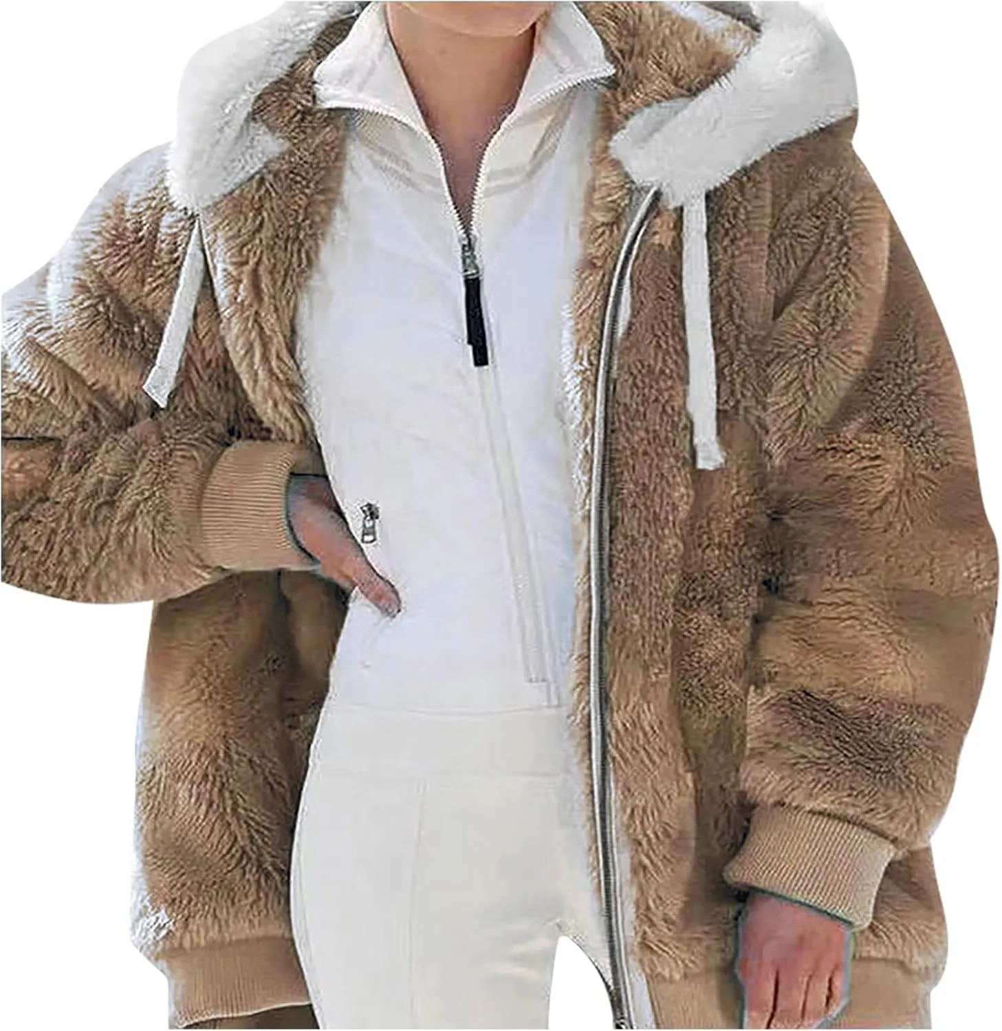 Winter Coats for Women Fuzzy Fleece Jacket Zipper Hooded Color Block Patchwork Cardigan Sherpa Outerwear with Pocket