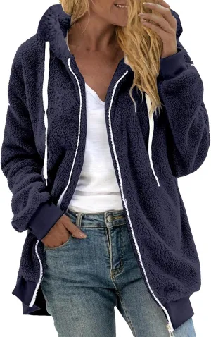 Winter Coats for Women Fuzzy Fleece Jacket Zipper Hooded Color Block Patchwork Cardigan Sherpa Outerwear with Pocket