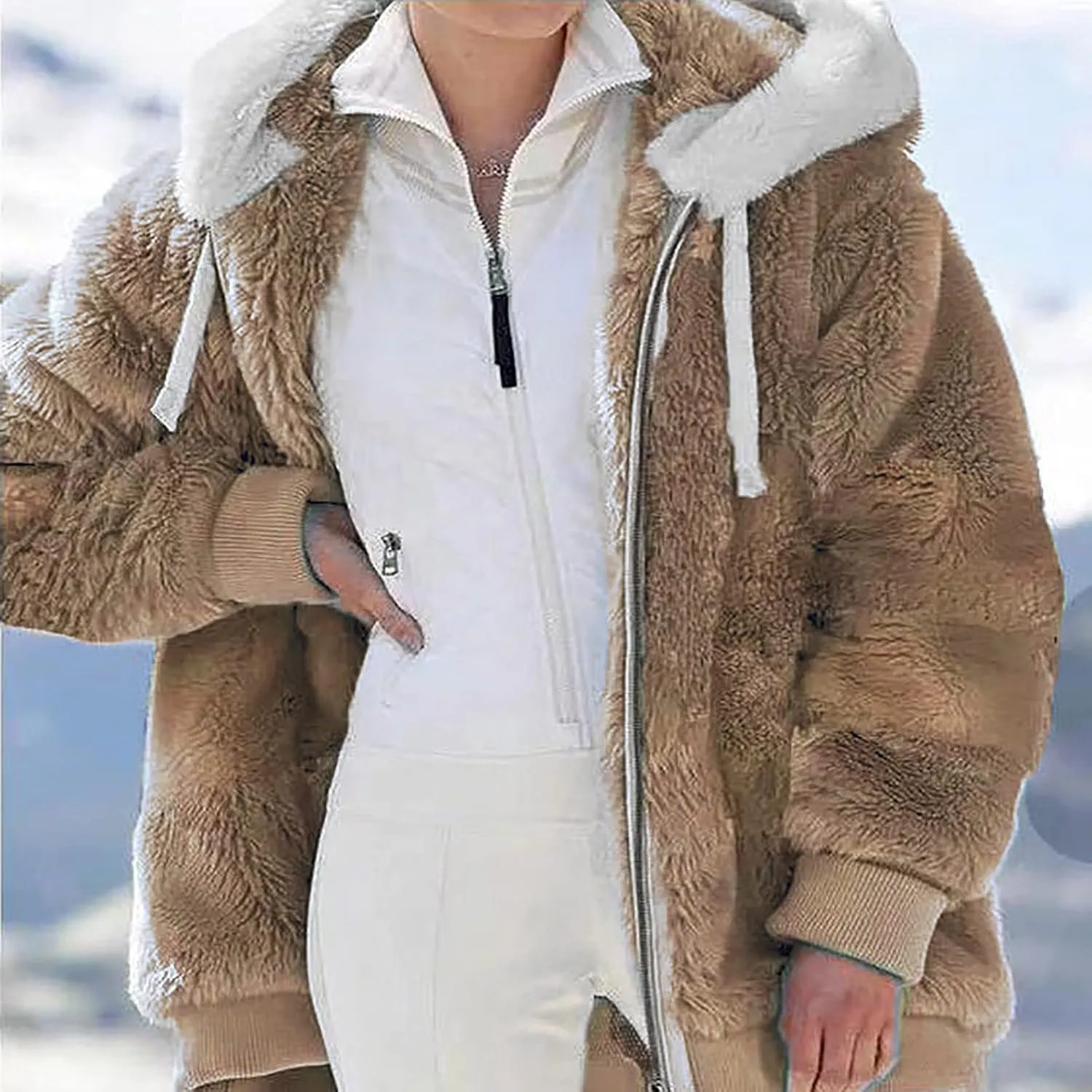 Winter Coats for Women Fuzzy Fleece Jacket Zipper Hooded Color Block Patchwork Cardigan Sherpa Outerwear with Pocket