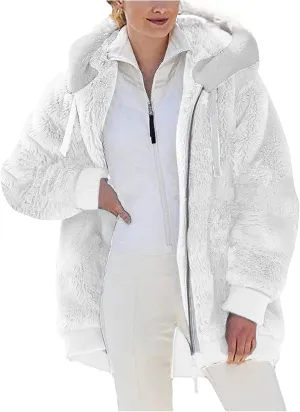 Winter Coats for Women Fuzzy Fleece Jacket Zipper Hooded Color Block Patchwork Cardigan Sherpa Outerwear with Pocket
