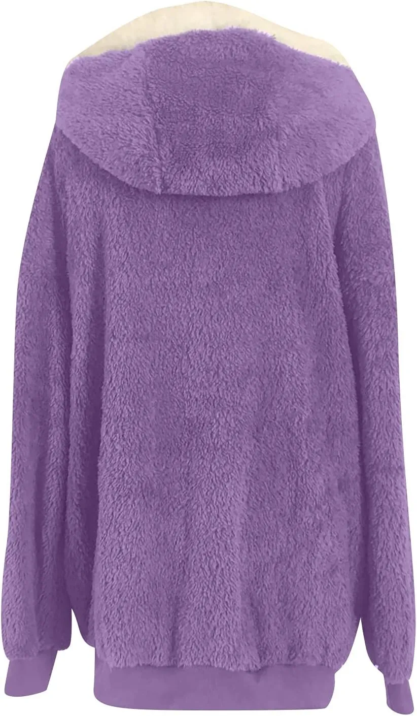 Winter Coats for Women Fuzzy Fleece Jacket Zipper Hooded Color Block Patchwork Cardigan Sherpa Outerwear with Pocket